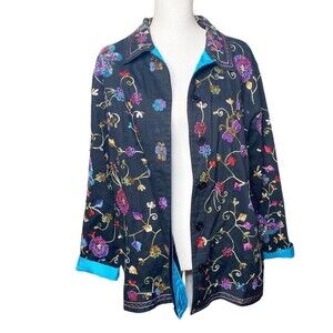 Vtg Quaker Factory Jacket Women Sz M Black Beaded Butterflies Embroidery Flowers
